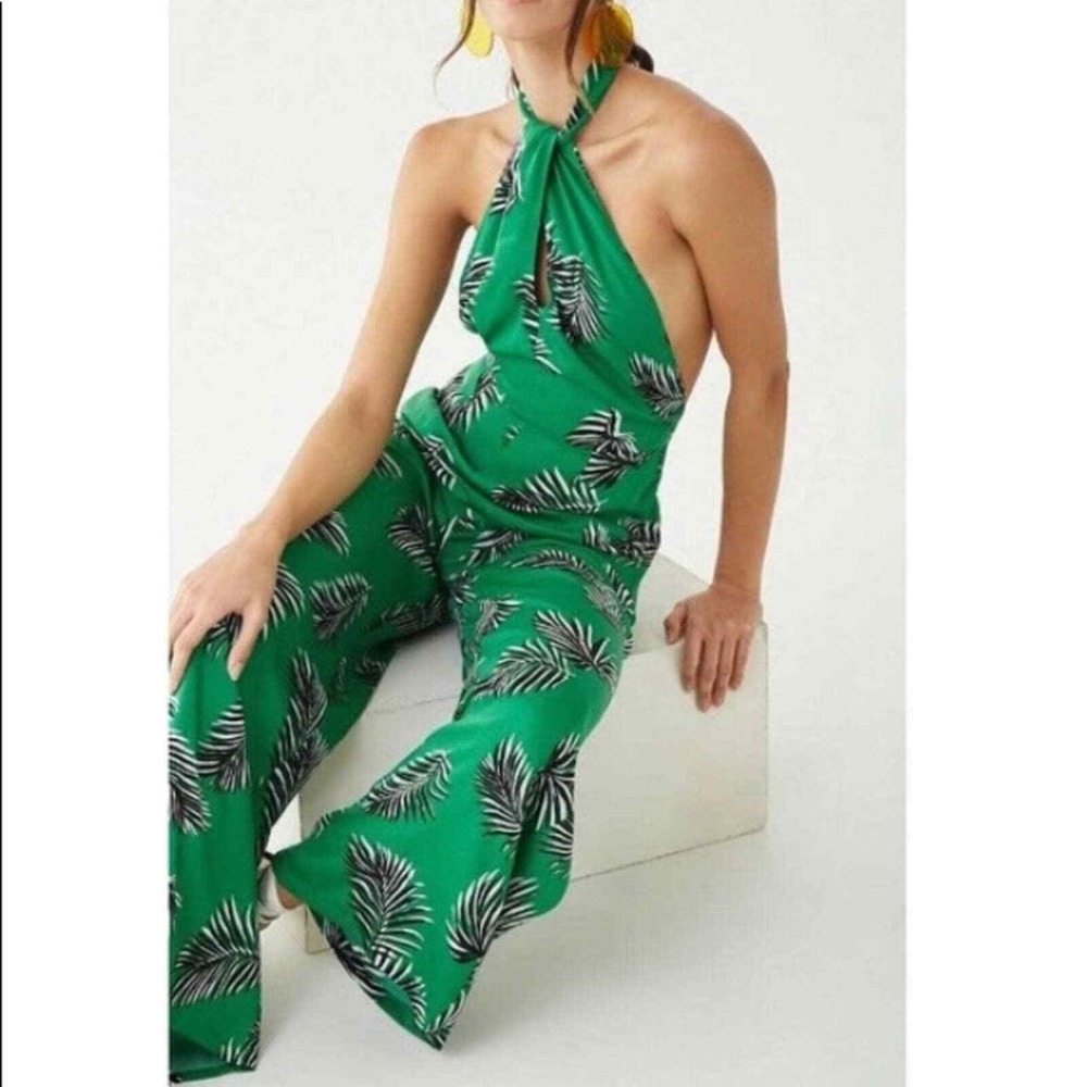 Forever 21 Green Palm‎ Leaf Tropical Jumpsuit